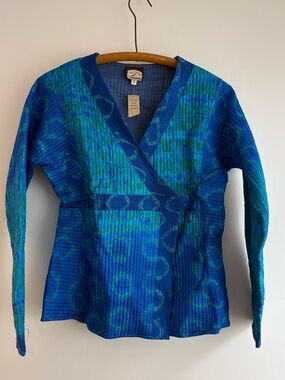 Deadstock silk quilted shibori jacket in blue and teal - sz M